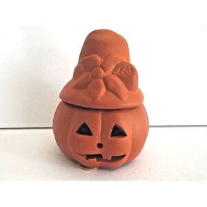 Vintage Jack-O-Lantern Red Clay Terra Cotta 5"  Halloween Pumpkin Candle‎ Holder